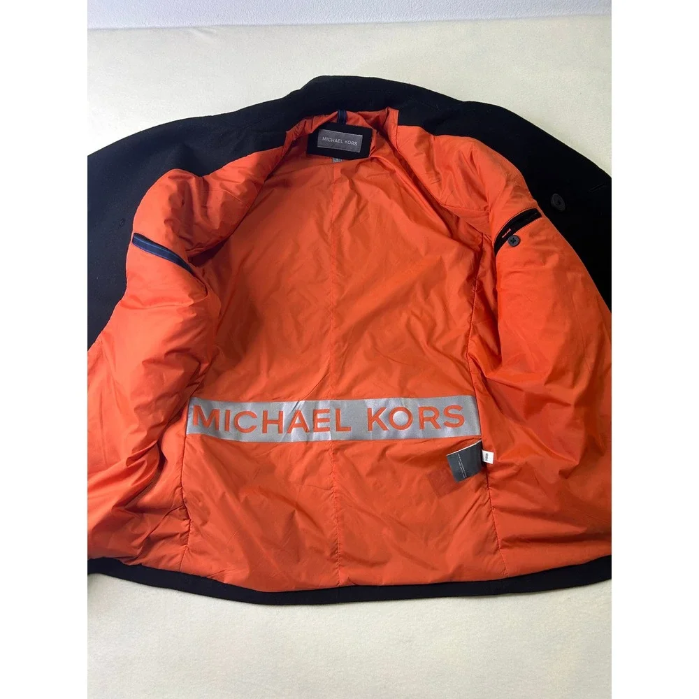 Michael Kors Mens Black Wool Blend Pea Coat Orange Lining Large Anchor Buttons